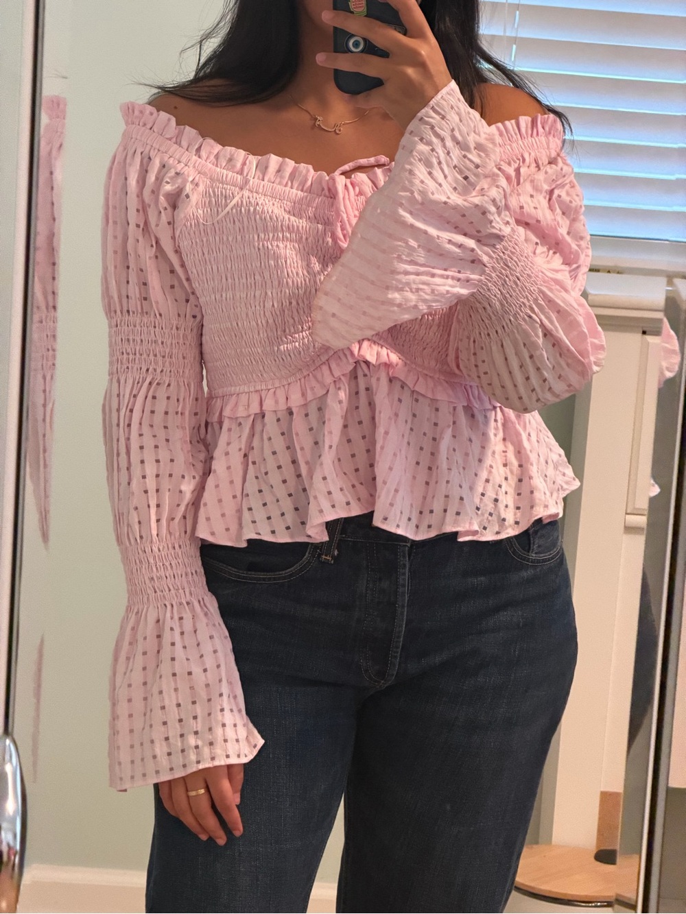 English Factory Pink Off-Shoulder Smocked Peplum Blouse